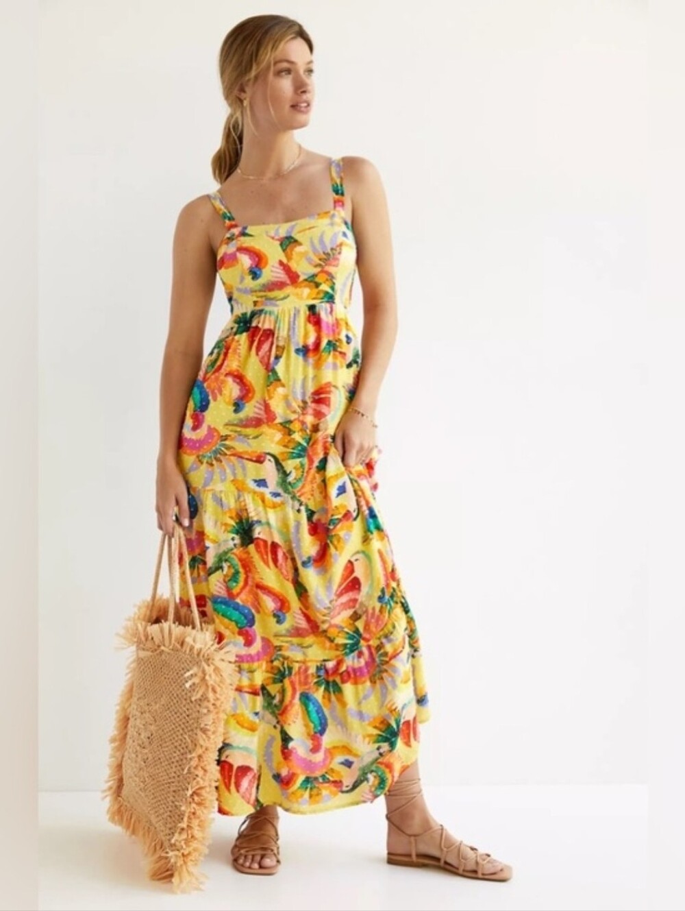 FARM Rio XS Textured Tropic Bright Yellow Floral Maxi Sundress with Straps